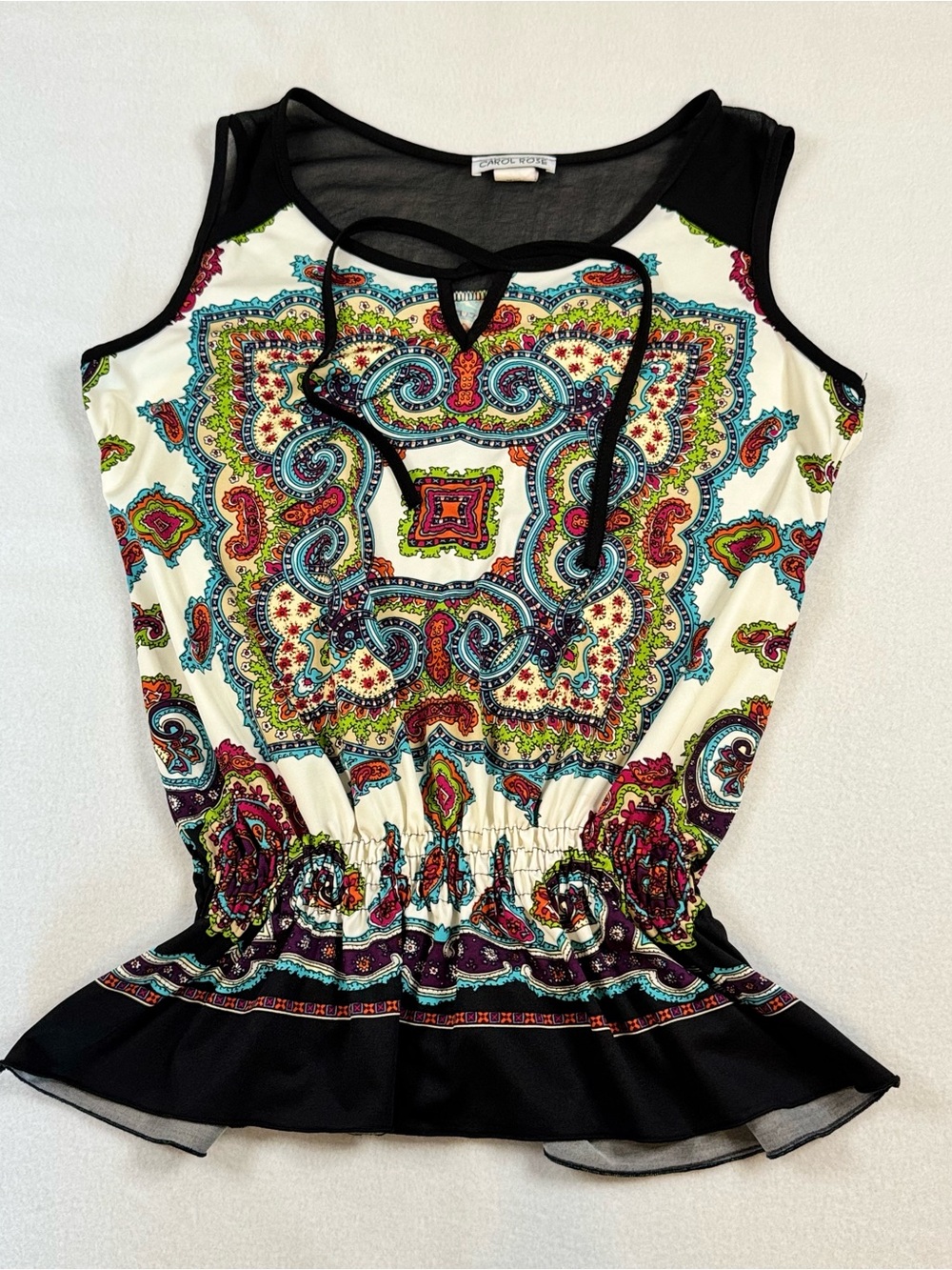 Carol Rose Womens Paisley Peplum Top Multi Color Mesh Yoke Smocked Waist Medium